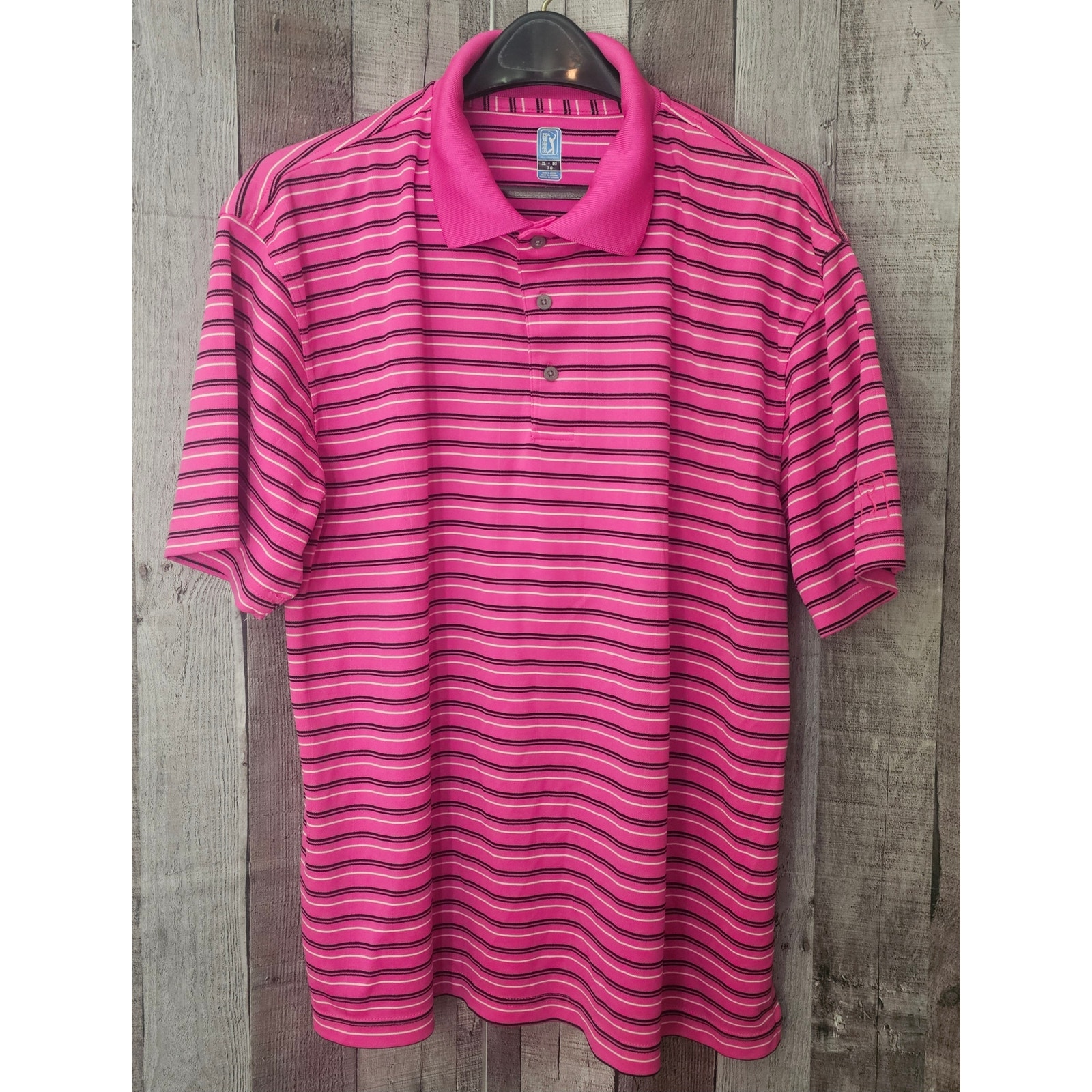 Pga Tour Golf Men’s Xl Polo Shirt Short Sleeve Pink Black White Stripe